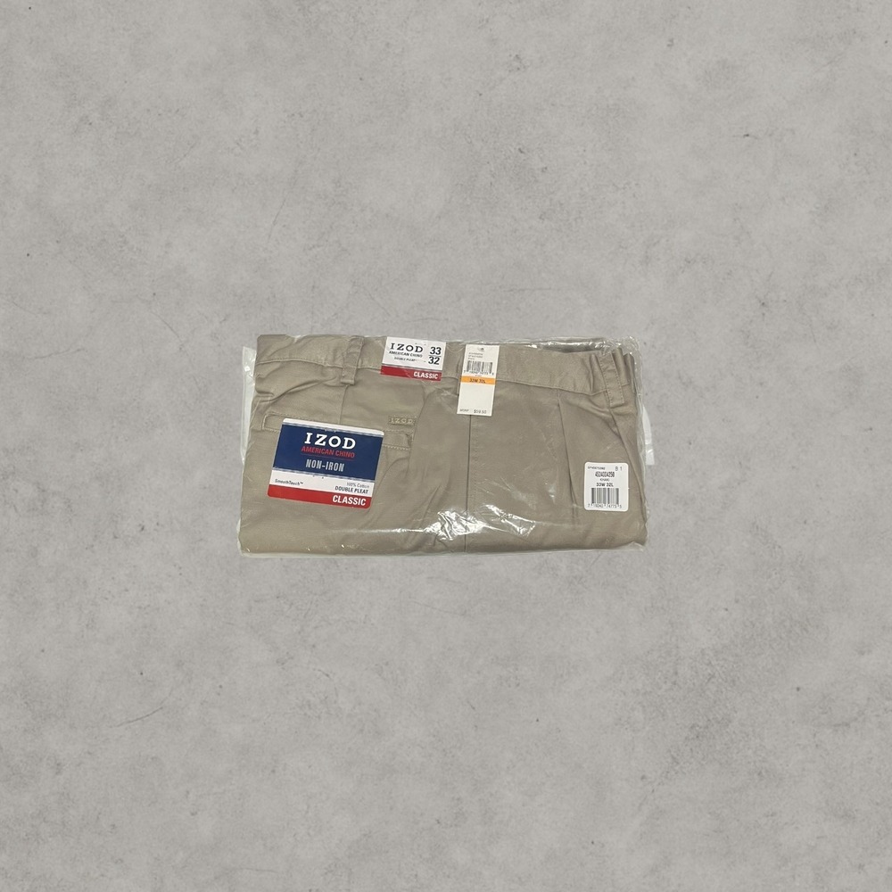 IZOD American Chino Mens 33x32 Khaki Double Pleat Non-Iron Cotton Pants NEW